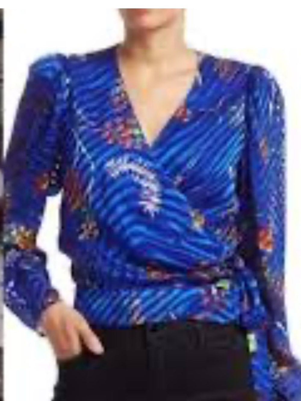 Tanya Taylor Erica Surreal Blue Burnout Velvet Silk Wrap Blouse Size 12